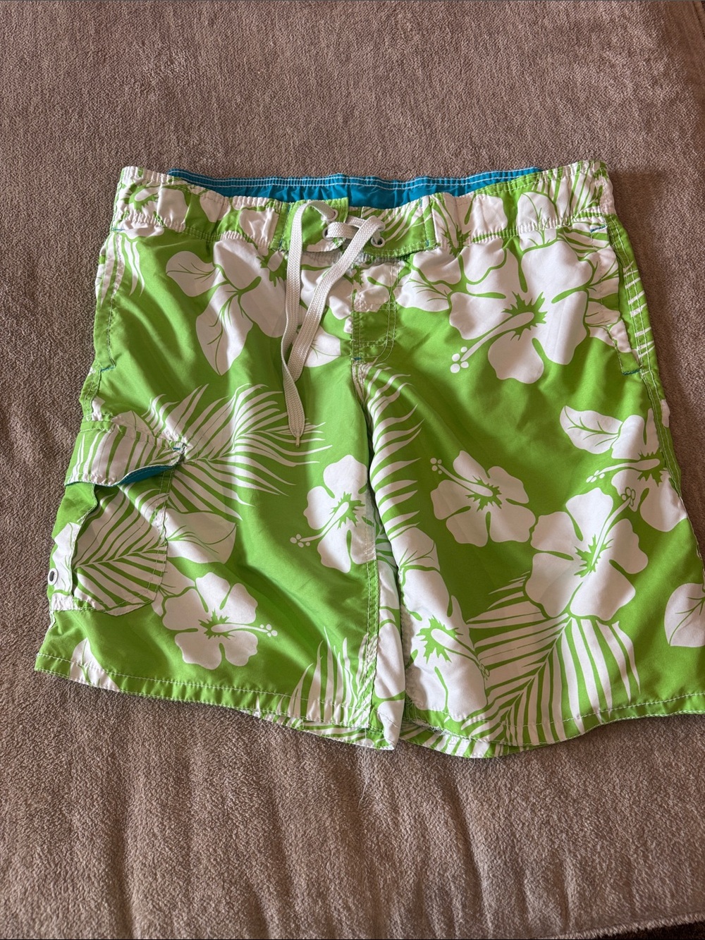 Men's Lime Green Hibiscus Swim Trunks with Drawstring